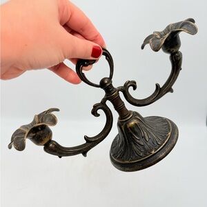 Vintage Brass Two Arm Candelabra | Floral Candle Cups Scroll Design Table Decor
